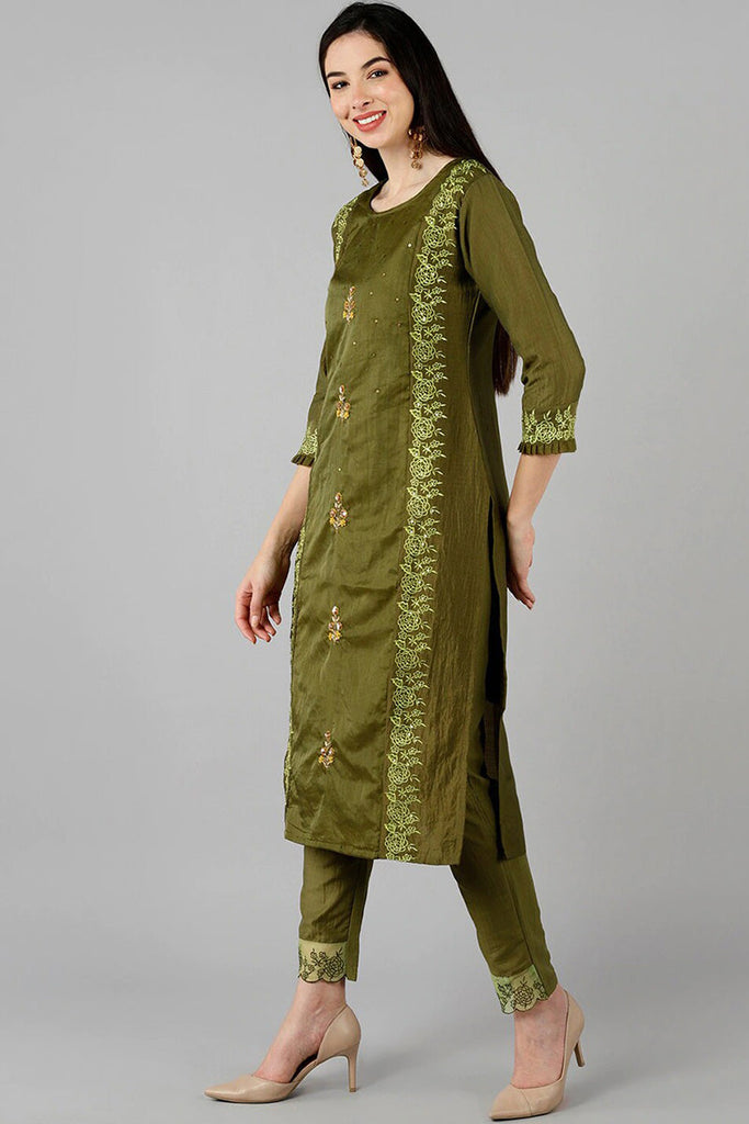  Women Olive Solid Embroidered Kurta Trousers With Dupatta