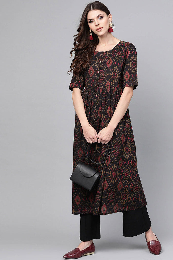 Black & Maroon color cotton fabric Printed A-Line Kurta