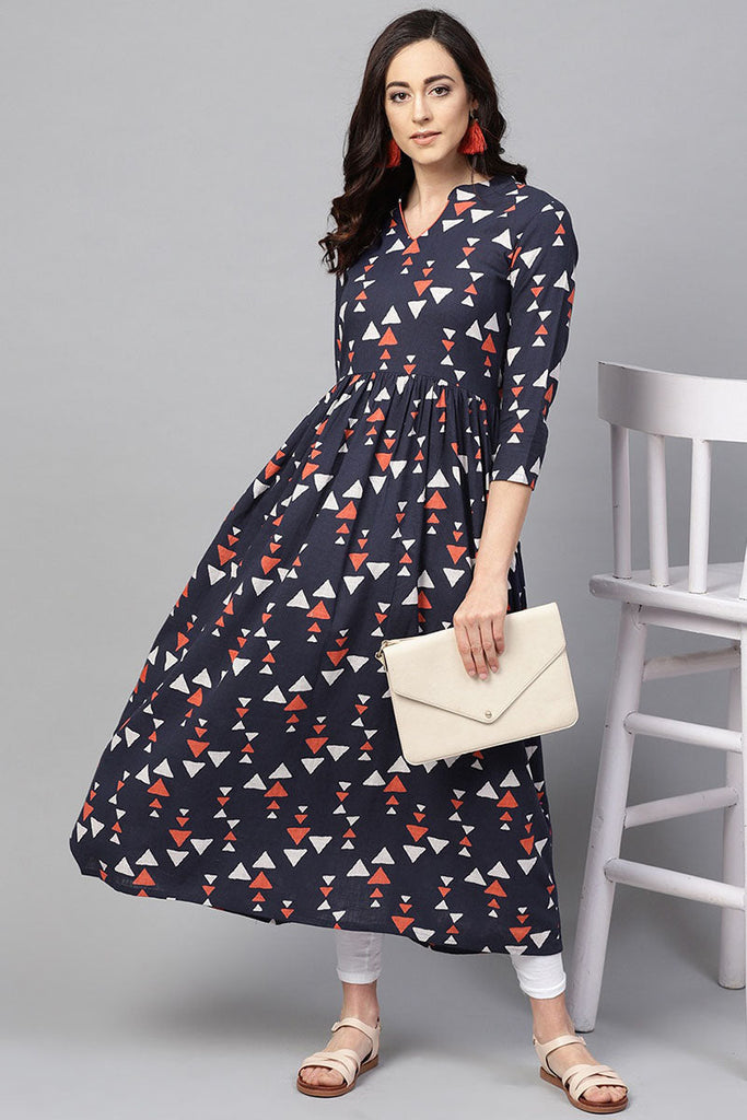  Women Navy Blue & Orange Printed A Line Kurta