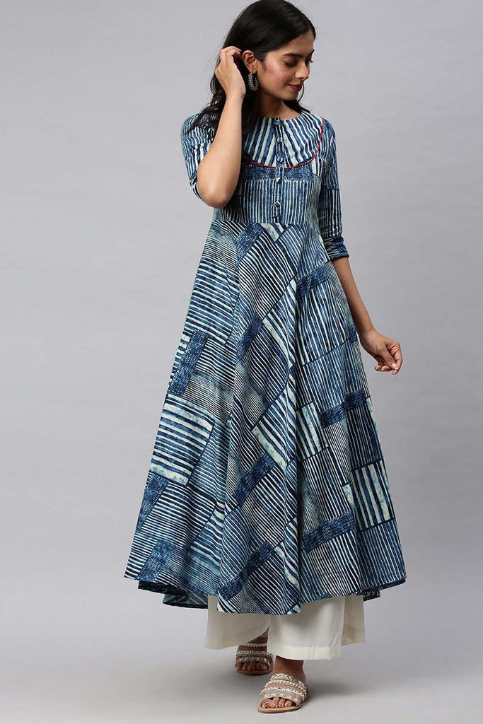   Navy Blue And White Striped A Line Kurta