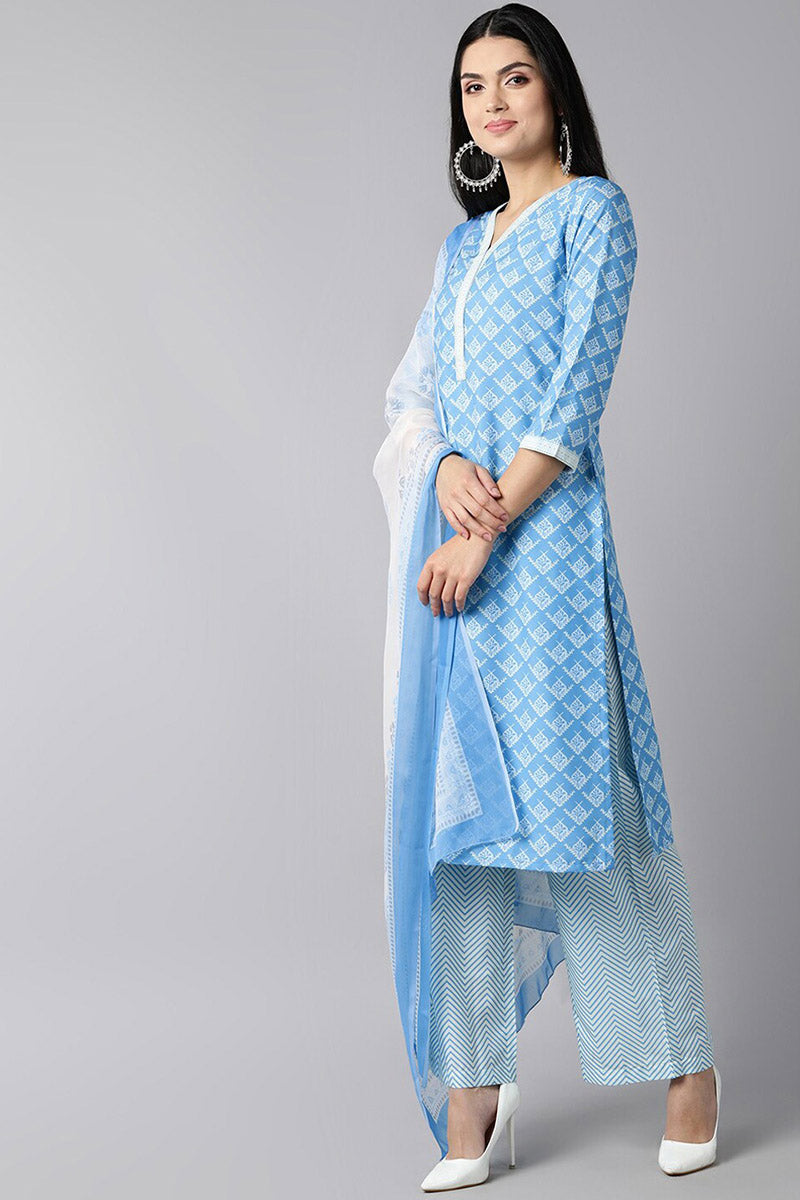  Women Blue White Floral Printed Regular Kurta with Trousers Dupatta Set