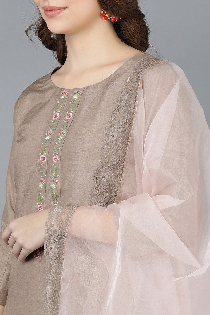  Women Nude Poly Silk Embroidered Kurta Trousers With Dupatta 