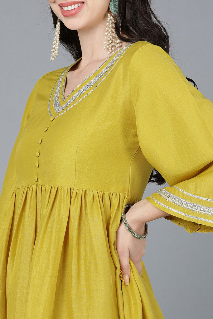  Women Yellow Poly Silk Embroidered Kurta Trousers With Dupatta 