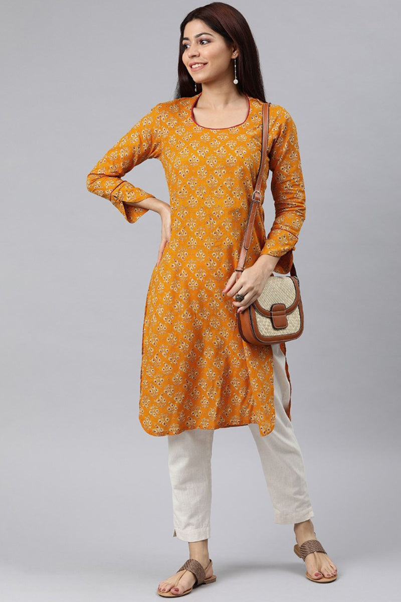  Women Mustard Yellow Ethnic Motifs Printed Kurta