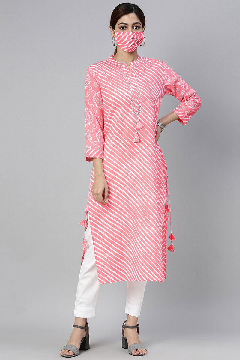  Women Pink Leheriya Printed Kurta