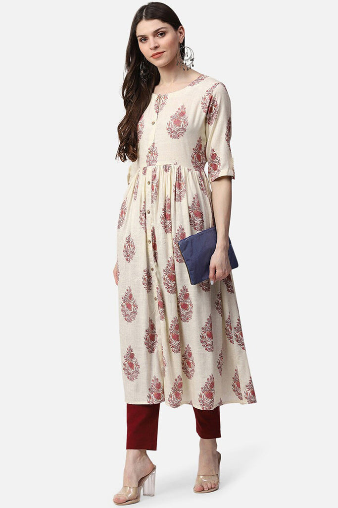   Cotton Beige Ethnic Motifs Printed A Line Kurti