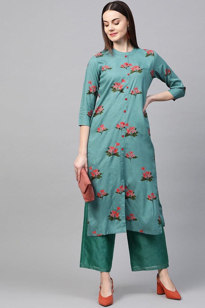   Cotton Fabric Trendy Festive Wear Light Cyan Color Printed Kurti