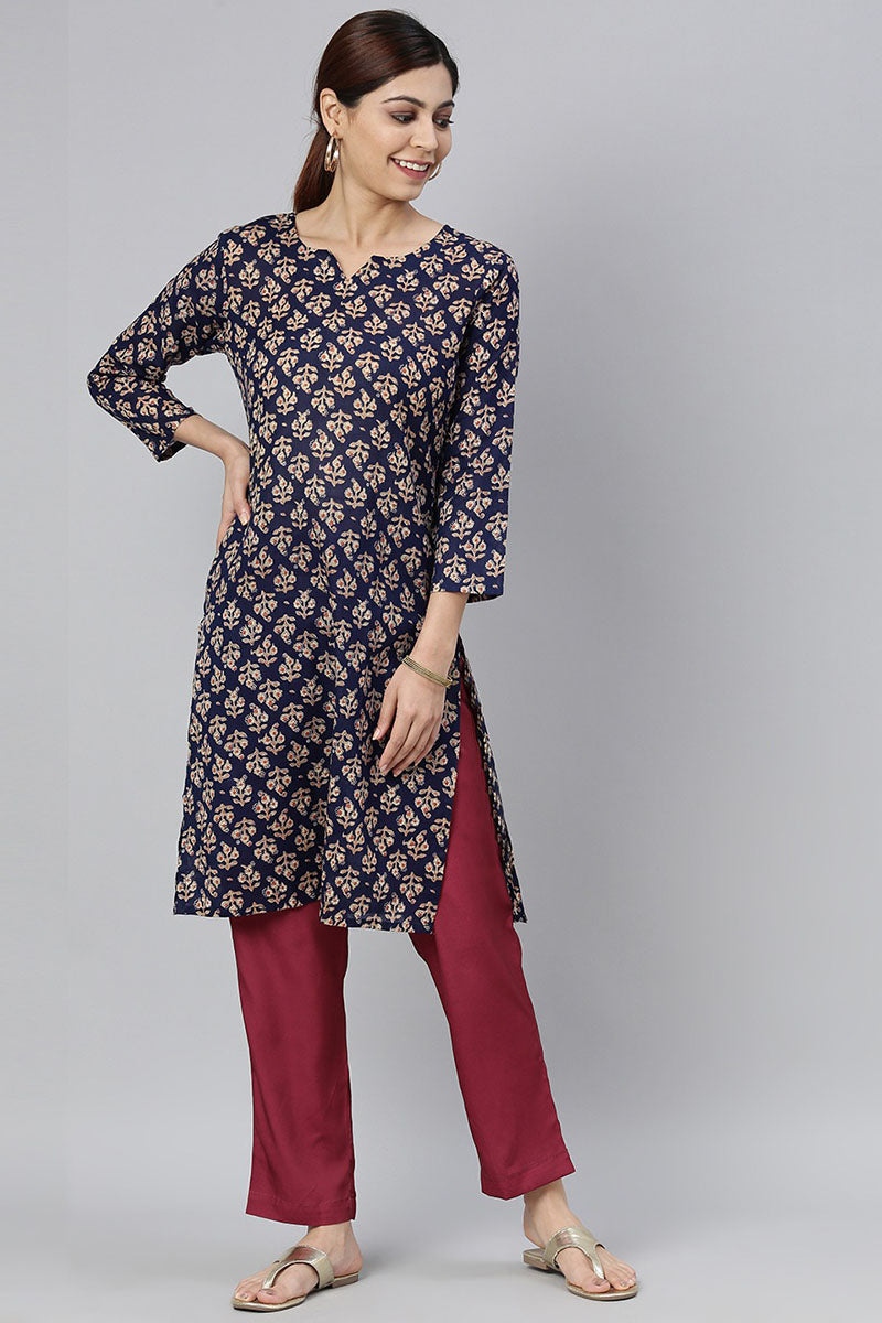  Women Navy Blue & Beige Ethnic Motifs Printed Kurta