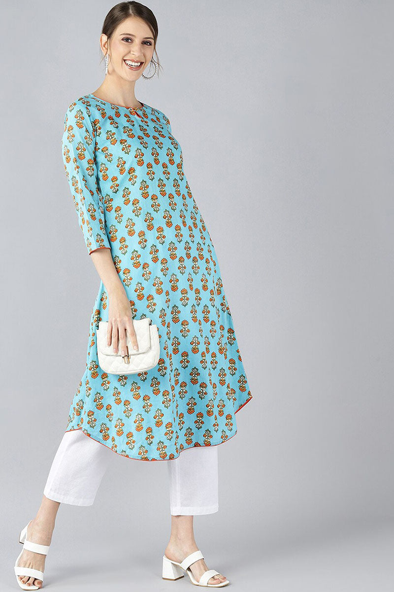   Occasion Wear Blue Printed Cotton Kurti