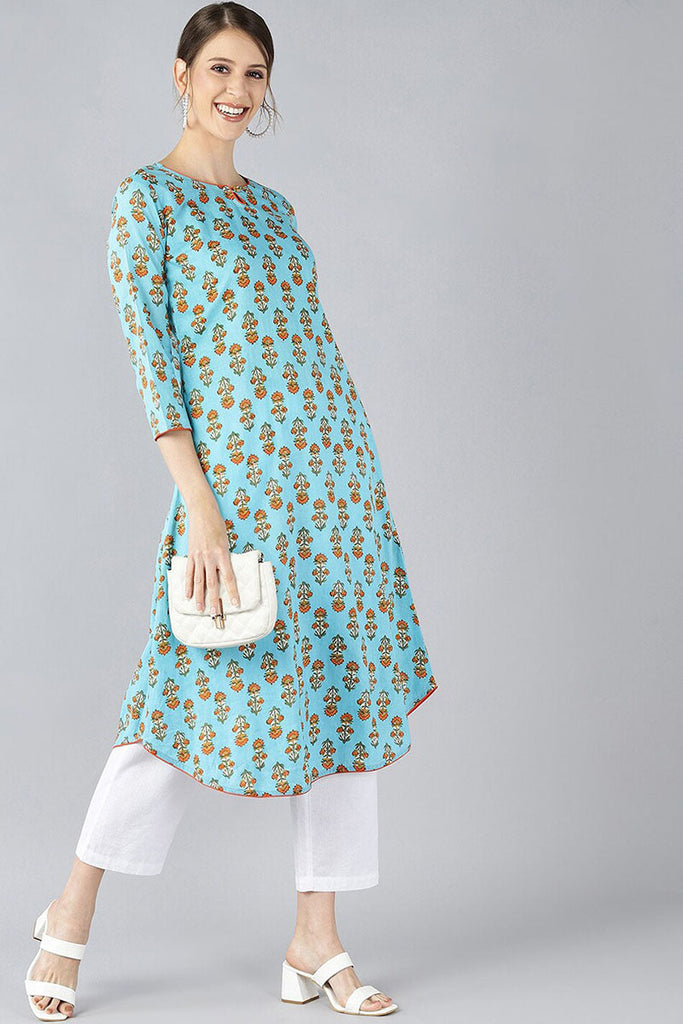   Occasion Wear Blue Printed Cotton Kurti