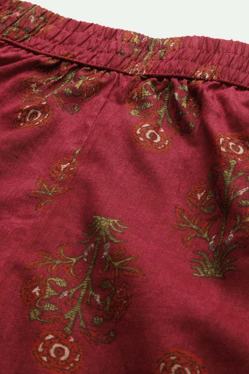   Cotton Maroon Ethnic Motifs Printed Straight Kurta Palazzo Set