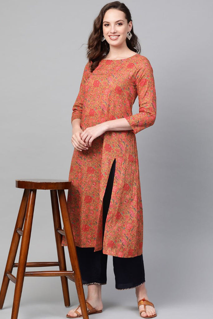   Casual Wear Cotton Fabric Salmon Printed Trendy Kurti