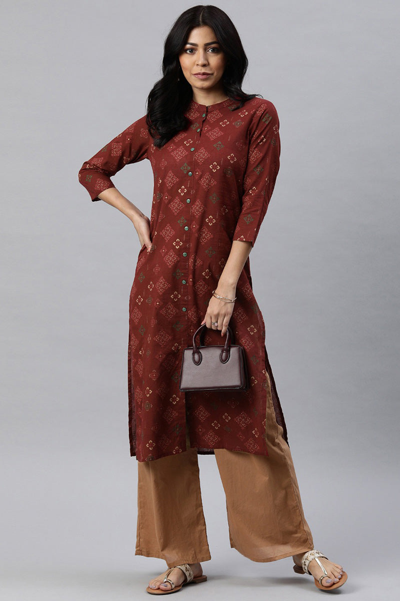   Maroon And Gold Coloured Printed Straight Kurta