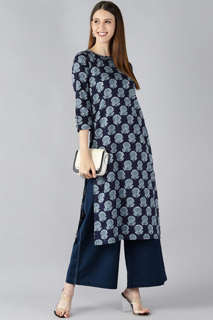   Navy Blue Floral Screen Printed Straight Kurta