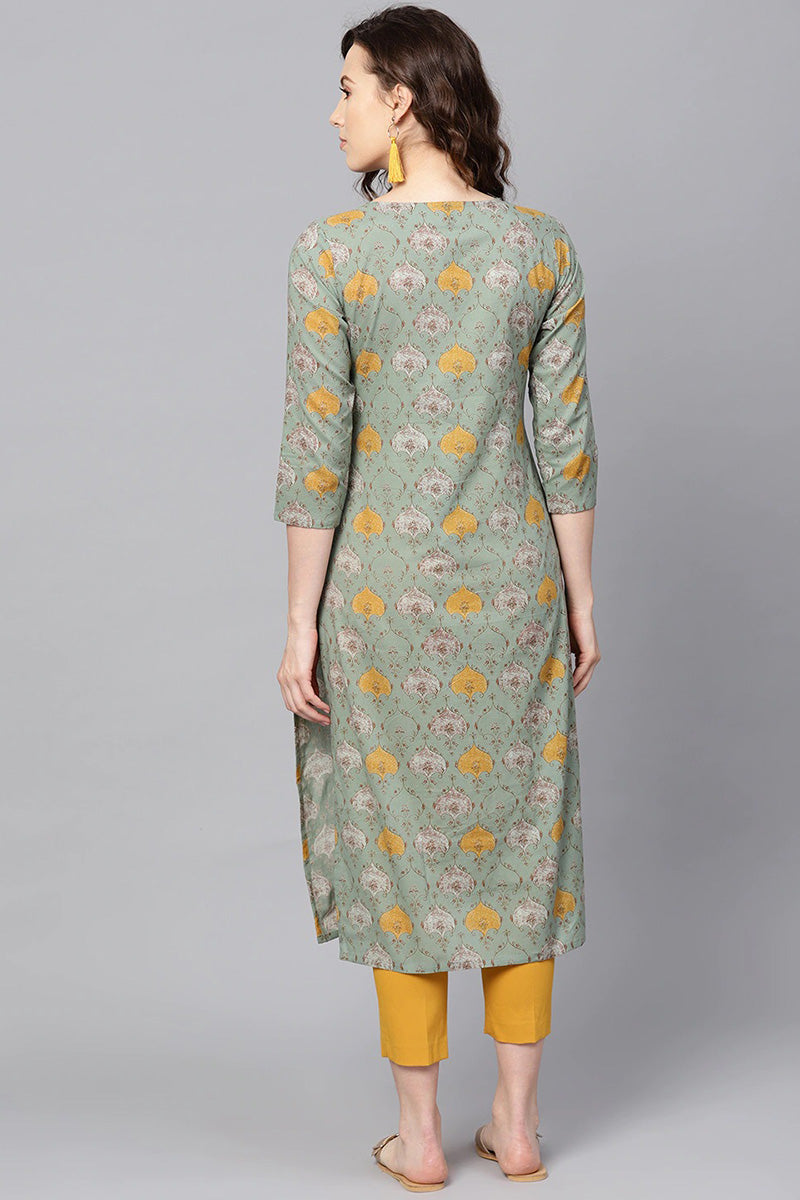 Green & Mustard Yellow Rayon Blend Printed Straight Kurta VCK1253