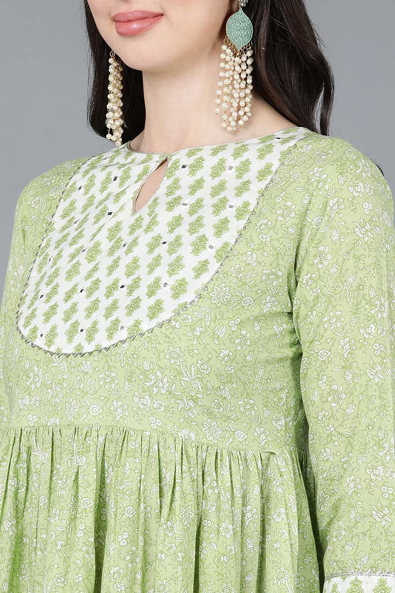  Women Green Pure Cotton Printed Kurta Trousers With Dupatta 