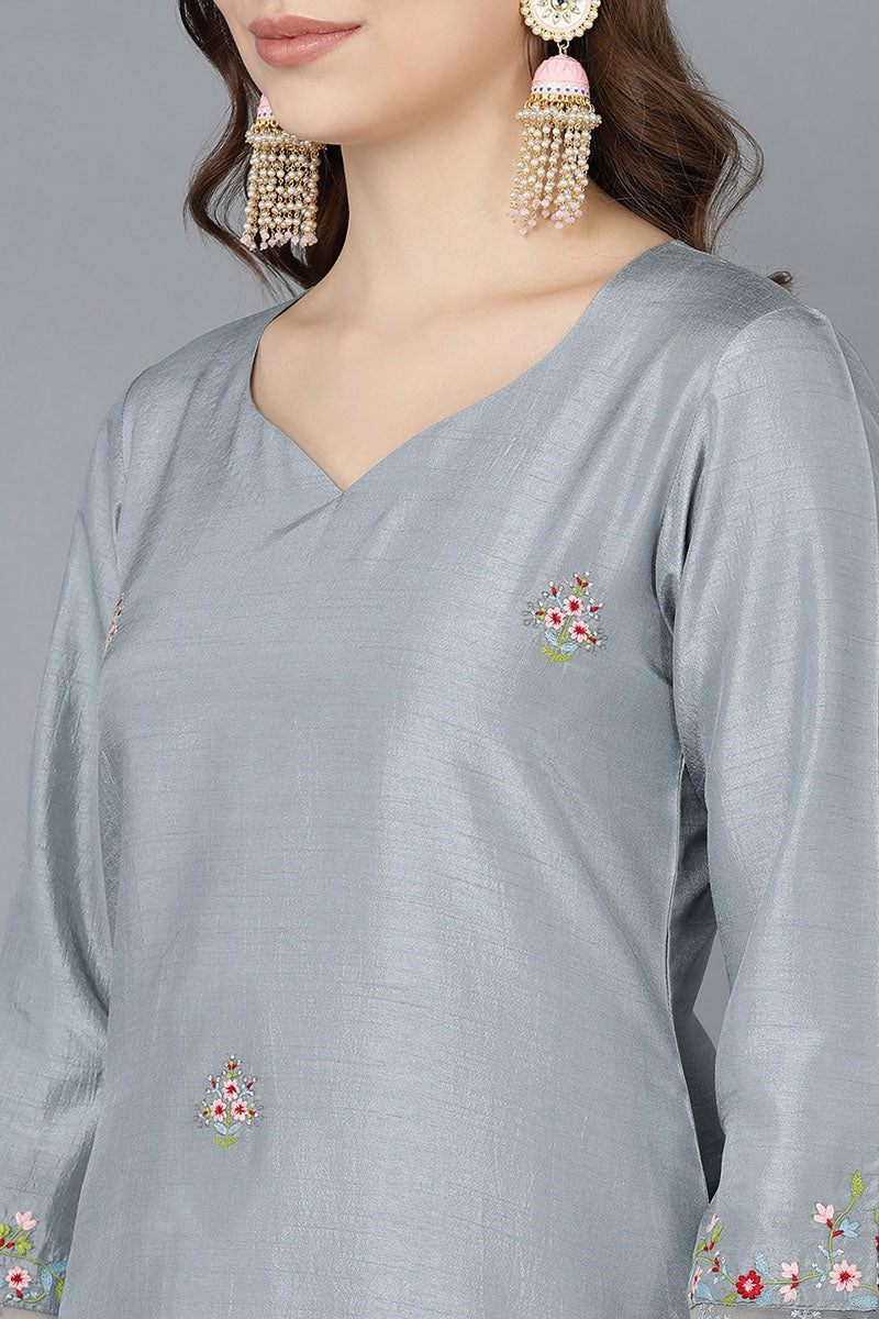  Women Grey Poly Silk Embroidered Kurta Trousers With Dupatta