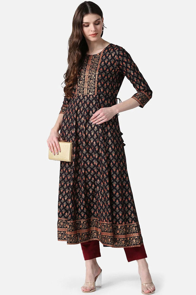  Women Black Gold Ethnic Motifs Printed Mirror Work Anarkali Kurta