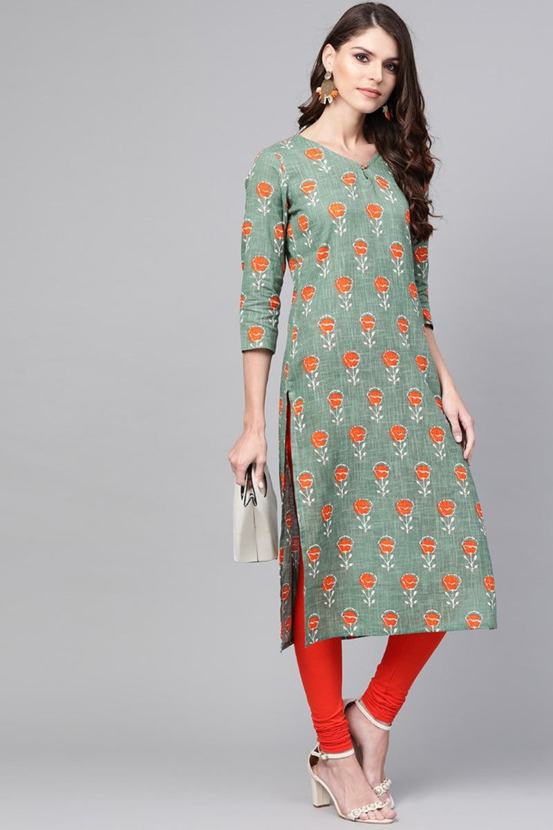   Casual Wear Cotton Fabric Sea Green Printed Trendy Kurti