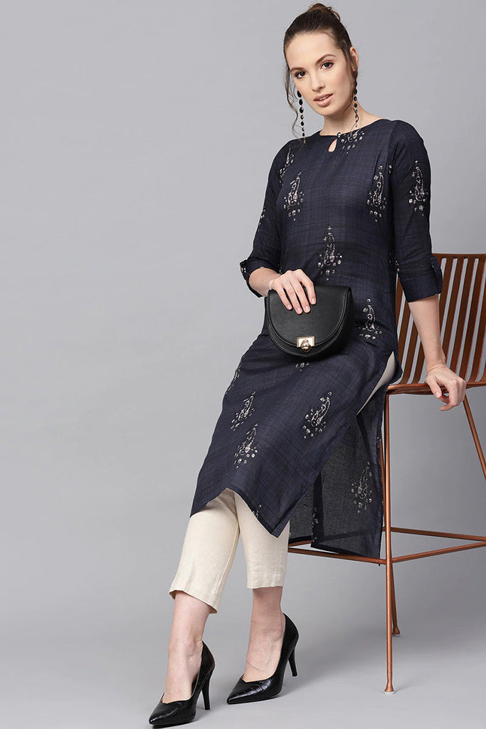   Navy Blue and Off-White color Printed Straight Kurta