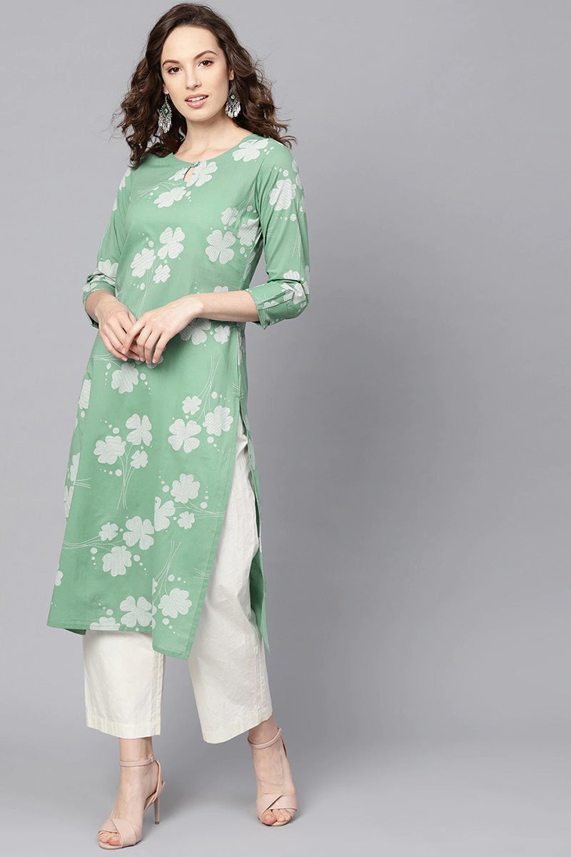   Cotton Green Floral Printed Straight Kurta