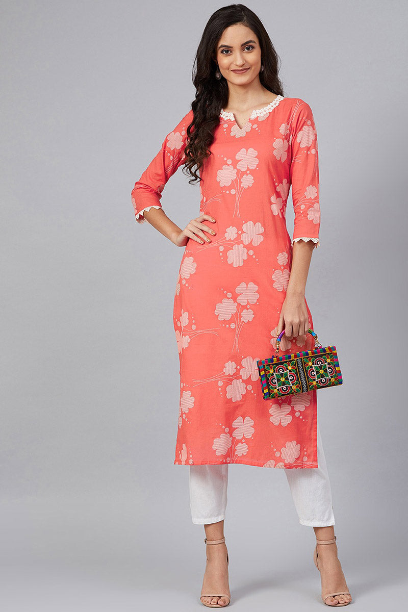   Coral Red & White Printed Straight Kurta