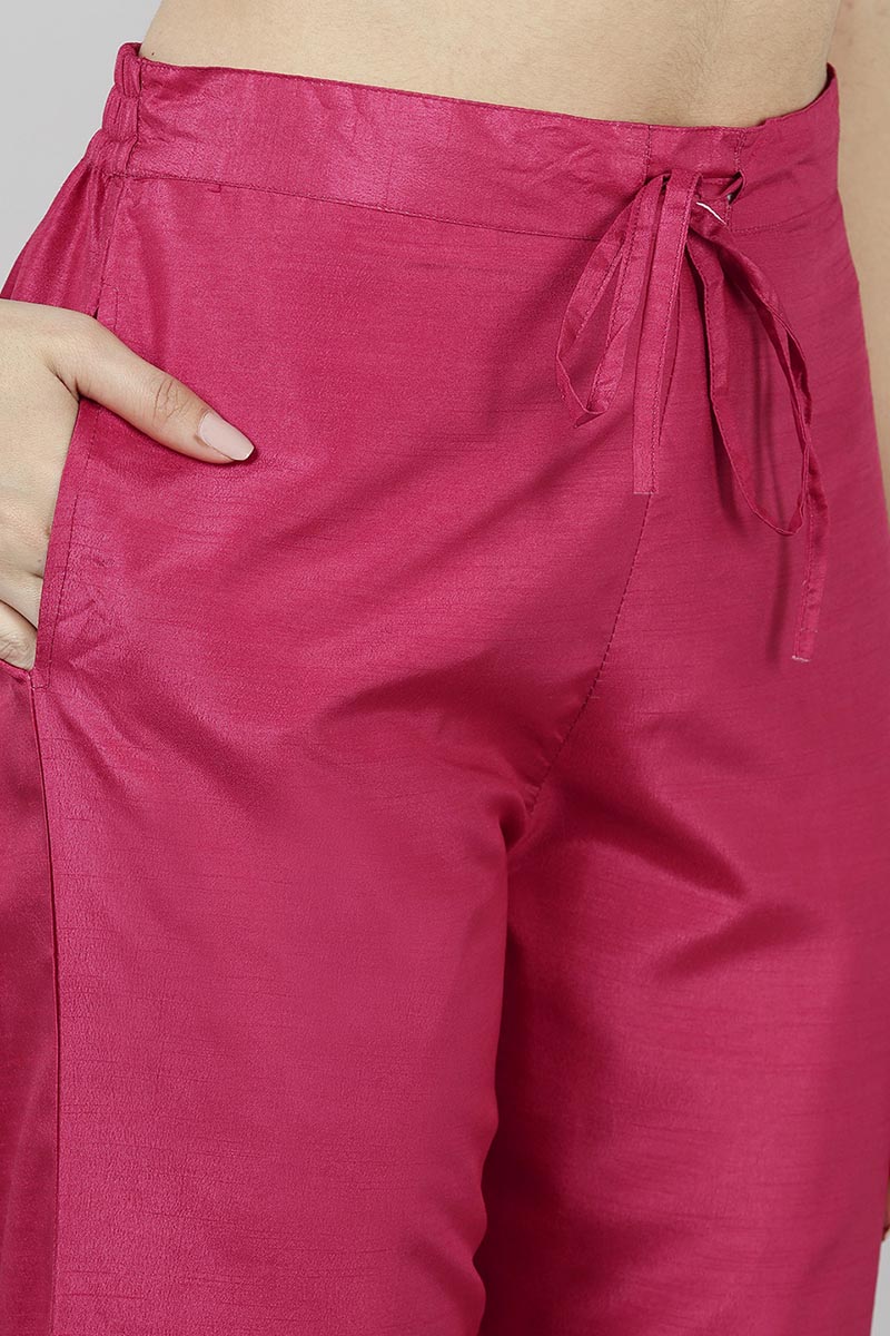  Women Red Yoke Design Kurta Trousers With Dupatta 