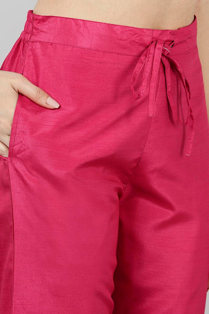  Women Red Yoke Design Kurta Trousers With Dupatta 