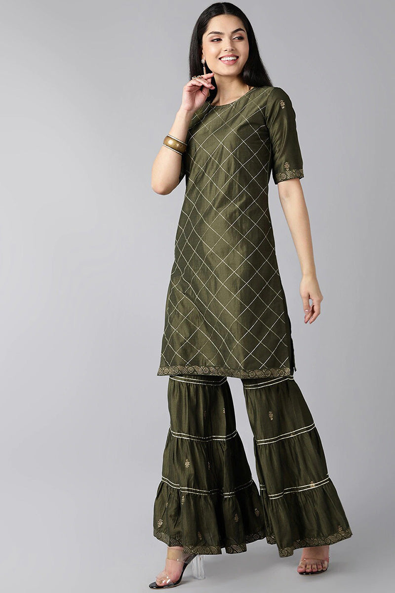  Women Green Printed Regular Kurta with Sharara Set