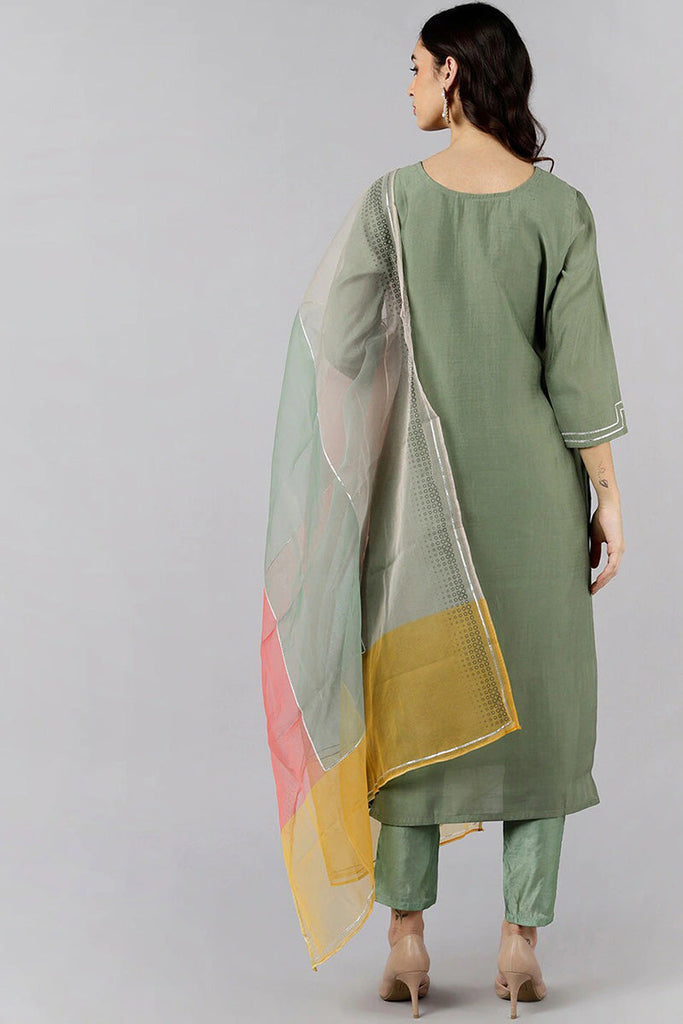  Women Olive Solid Embroidered Kurta Trousers With Dupatta