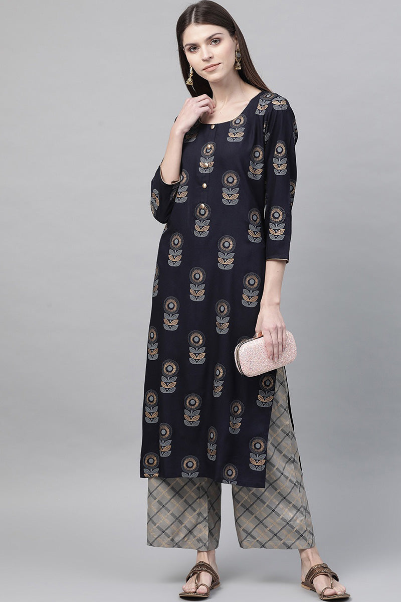   Regular Wear Cotton Printed Navy Blue Kurta & Palazzo Set 