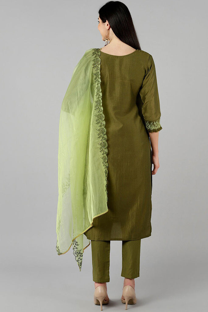  Women Olive Solid Embroidered Kurta Trousers With Dupatta