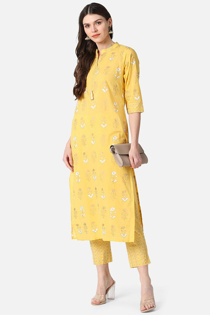  Women Yellow Golden Printed Kurta with Trousers Set