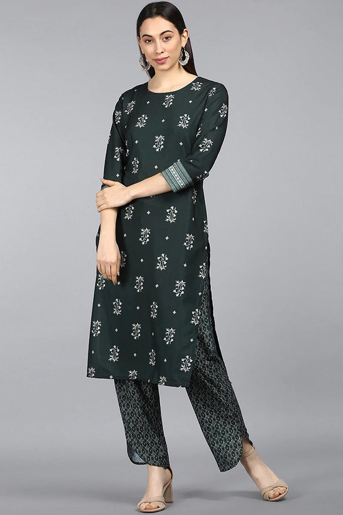  Women Crepe Green Ethnic Motifs Printed Straight Kurta Pant Set