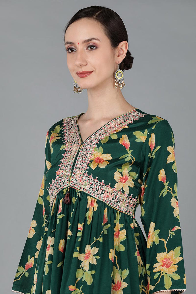  Women Green Chanderi Silk Kurta Palazzos 