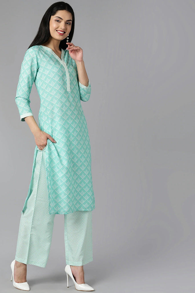  Women Sea Green Ethnic Motifs Printed Regular Kurta with Palazzos With Dupatta Set