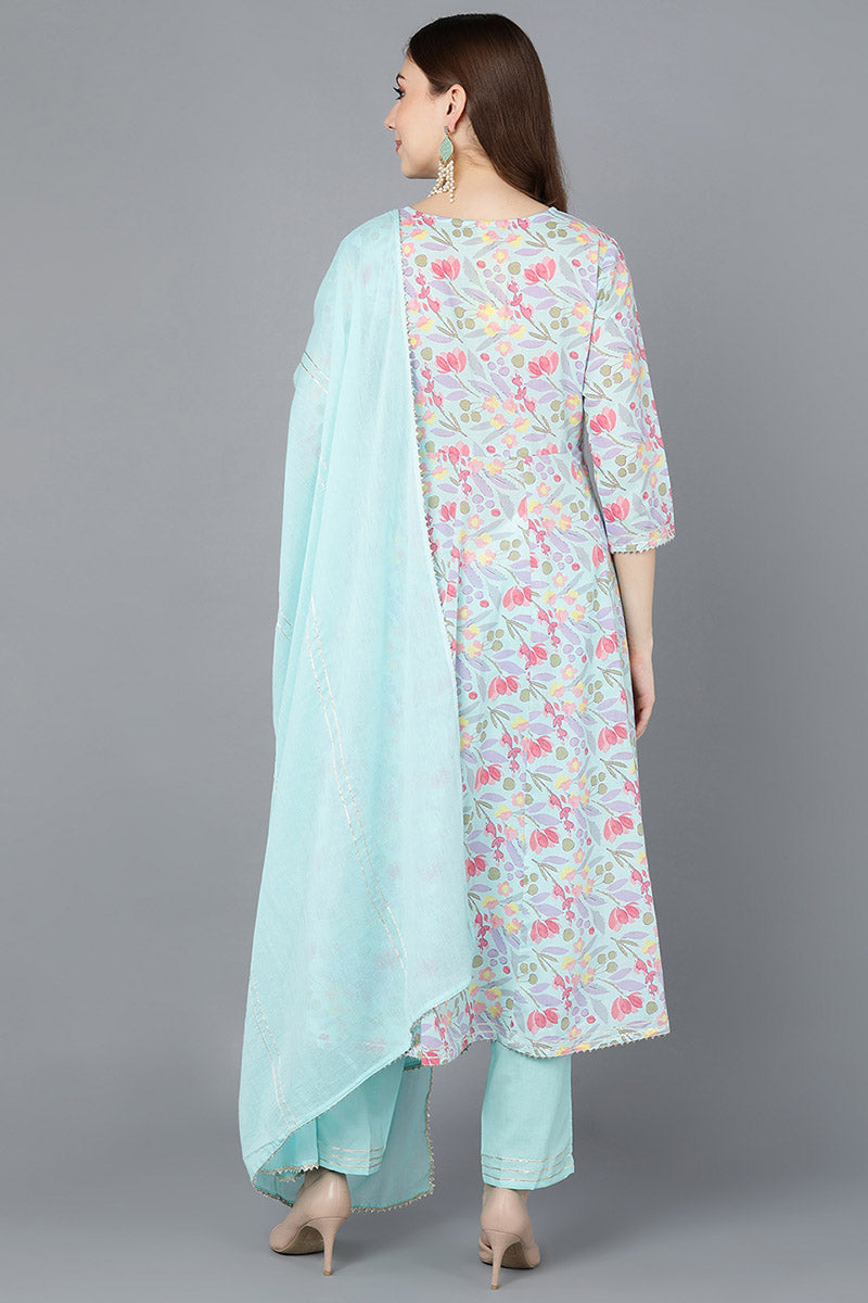  Women Turquoise Blue Pure Cotton Kurta Trousers With Dupatta