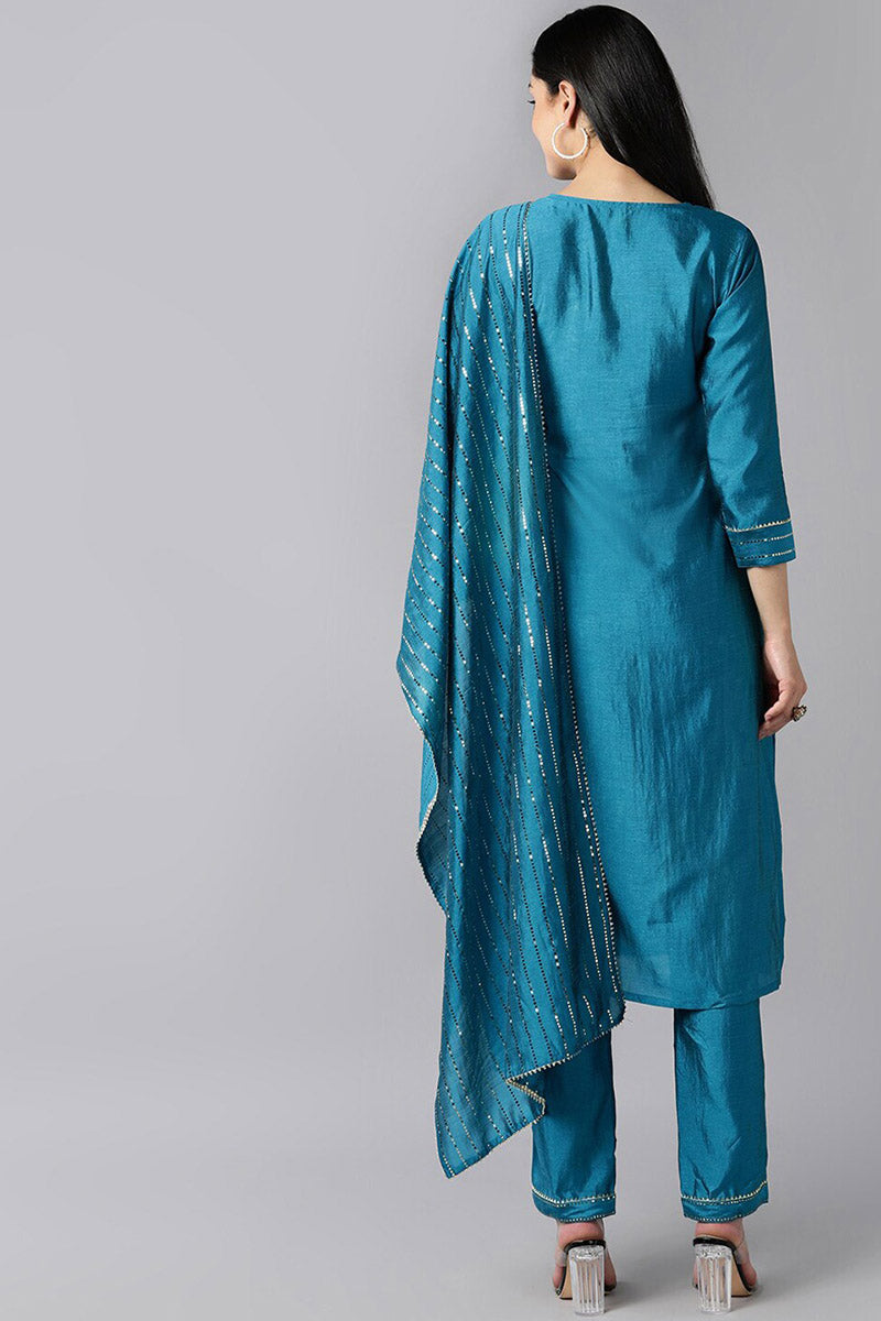  Women Teal Layered Kurta with Trousers With Dupatta Set