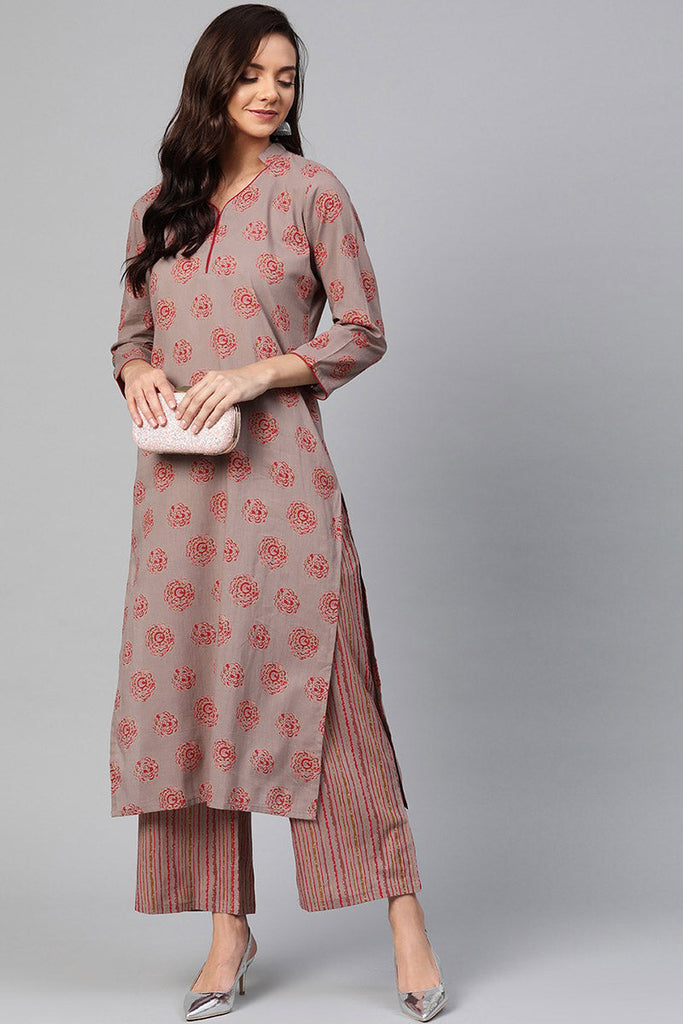   Regular Wear Cotton Fabric Printed Wine Color Simple Kurta And Palazzo Set