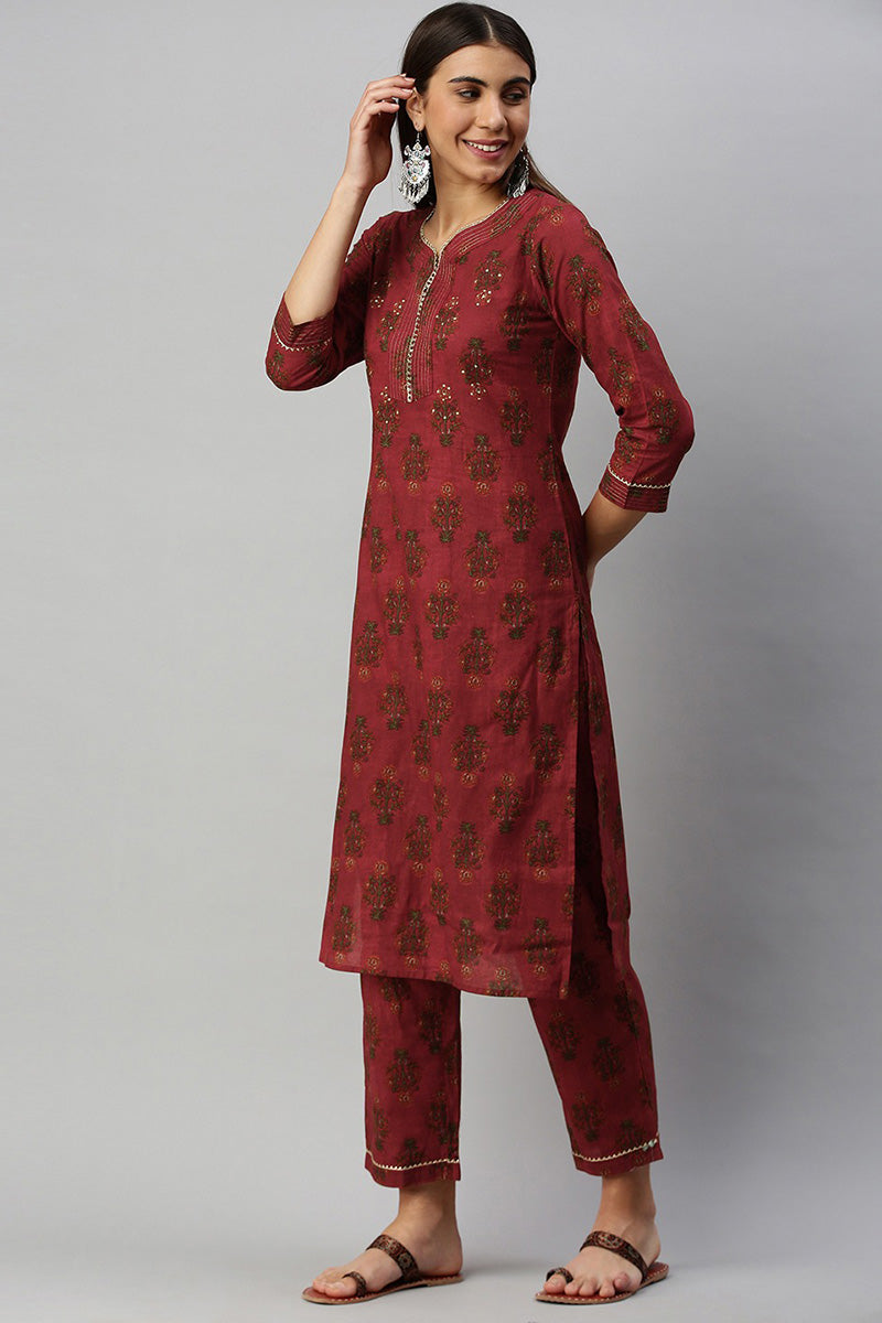   Cotton Maroon Ethnic Motifs Printed Straight Kurta Palazzo Set