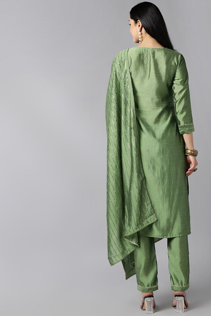  Women Green Yoke Design Regular Kurta with Trousers With Dupatta Set