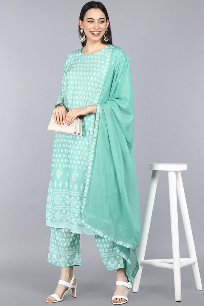  Women Sea Green Floral Printed Kurta with Trousers Dupatta