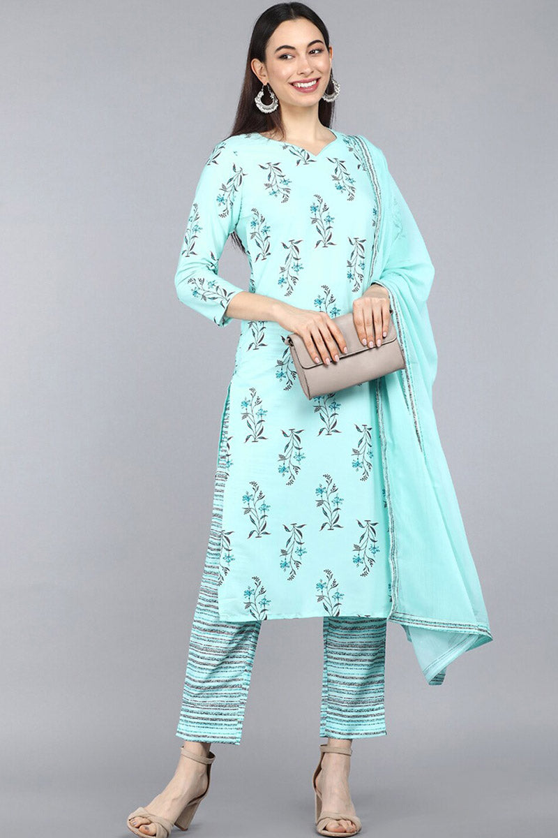  Women Turquoise Blue Floral Printed Kurta with Trousers Dupatta 