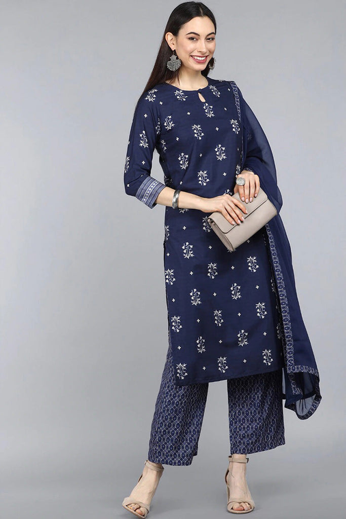  Women Navy Blue Floral Printed Kurta Set With Dupatta