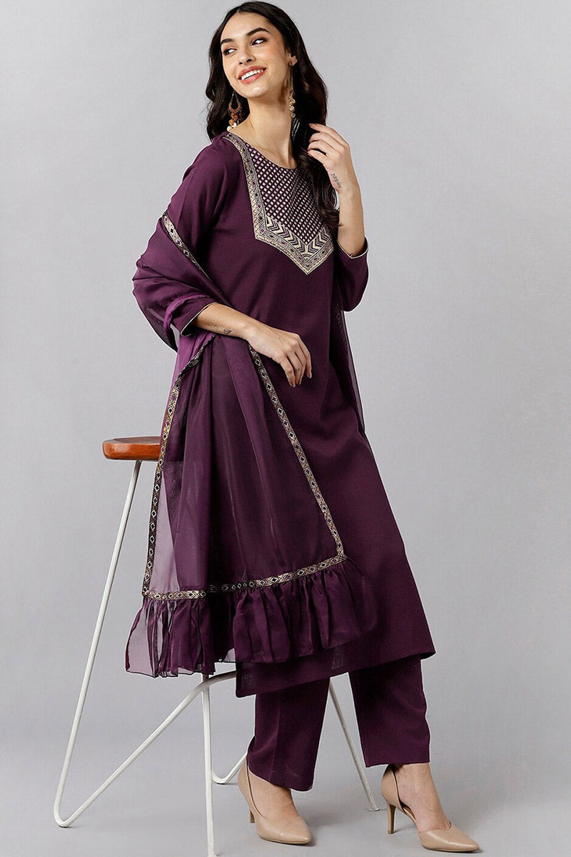  Women Burgundy Solid Woven Design Kurta Trousers With Dupatta