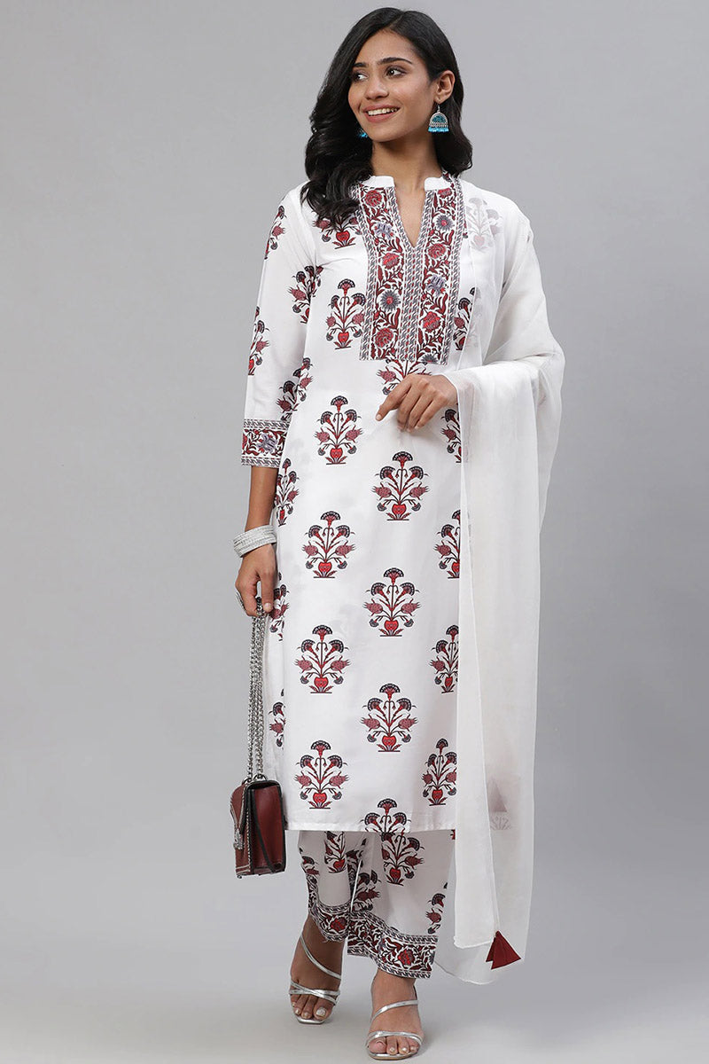  Women White Maroon Ethnic Printed Regular Kurta with Trousers With Dupatta