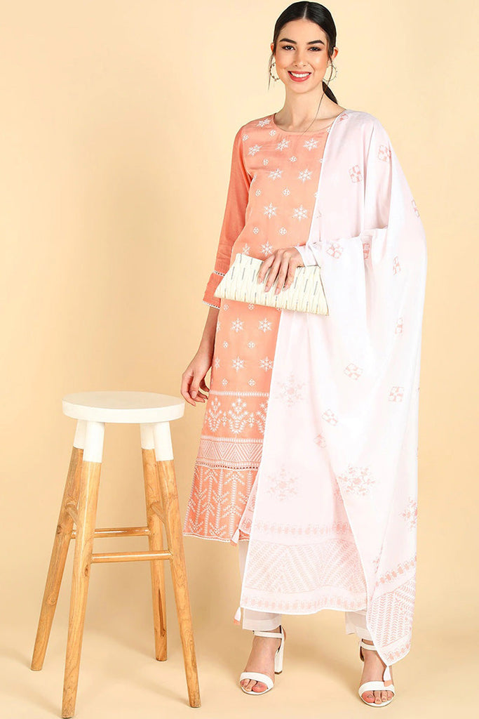  Women Peach Embroidered Kurta Trousers With Dupatta 