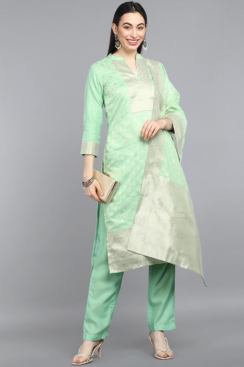  Women Lime Green Gold-Toned Ethnic Motifs Kurta With Trousers Dupatta