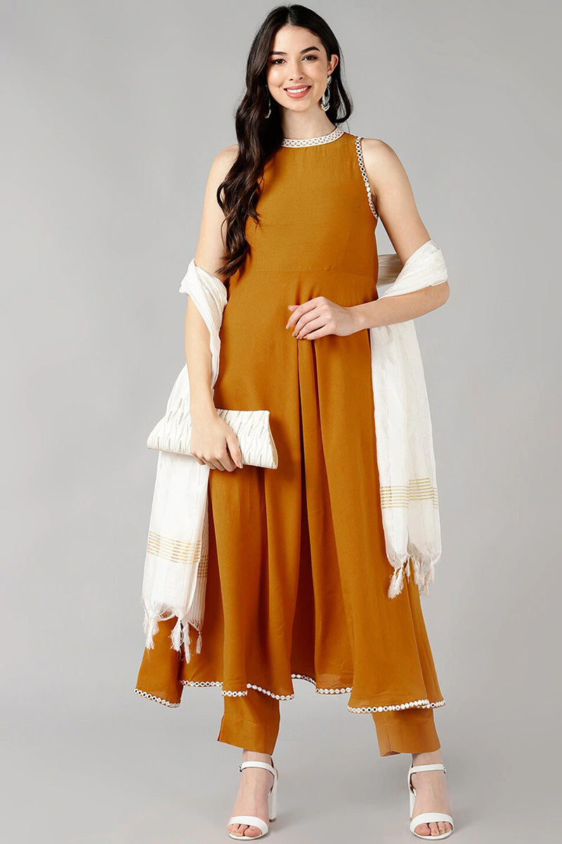  Women Mustard Solid Kurta Trousers With Dupatta