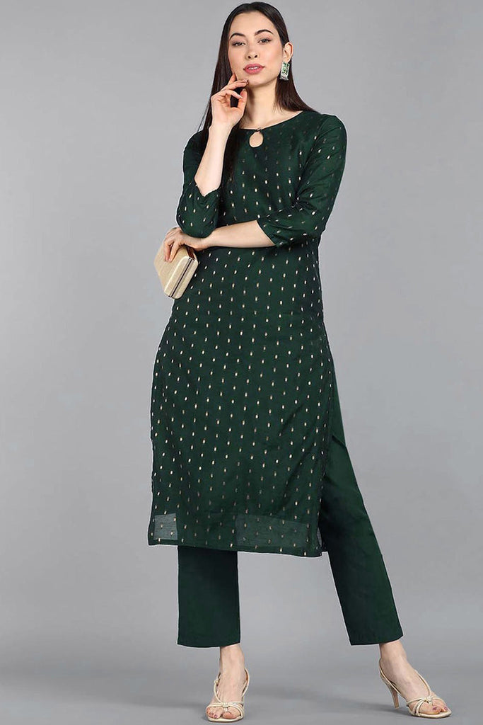  Women Cotton Green Woven Design Printed Straight Kurta Pant Set